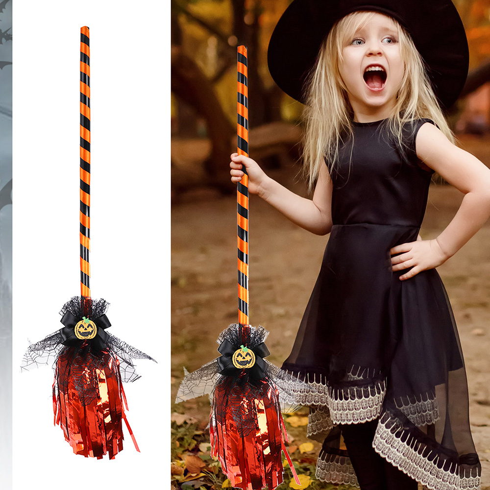 skull Witch's Broomstick with orange Halloween Prop(orange)