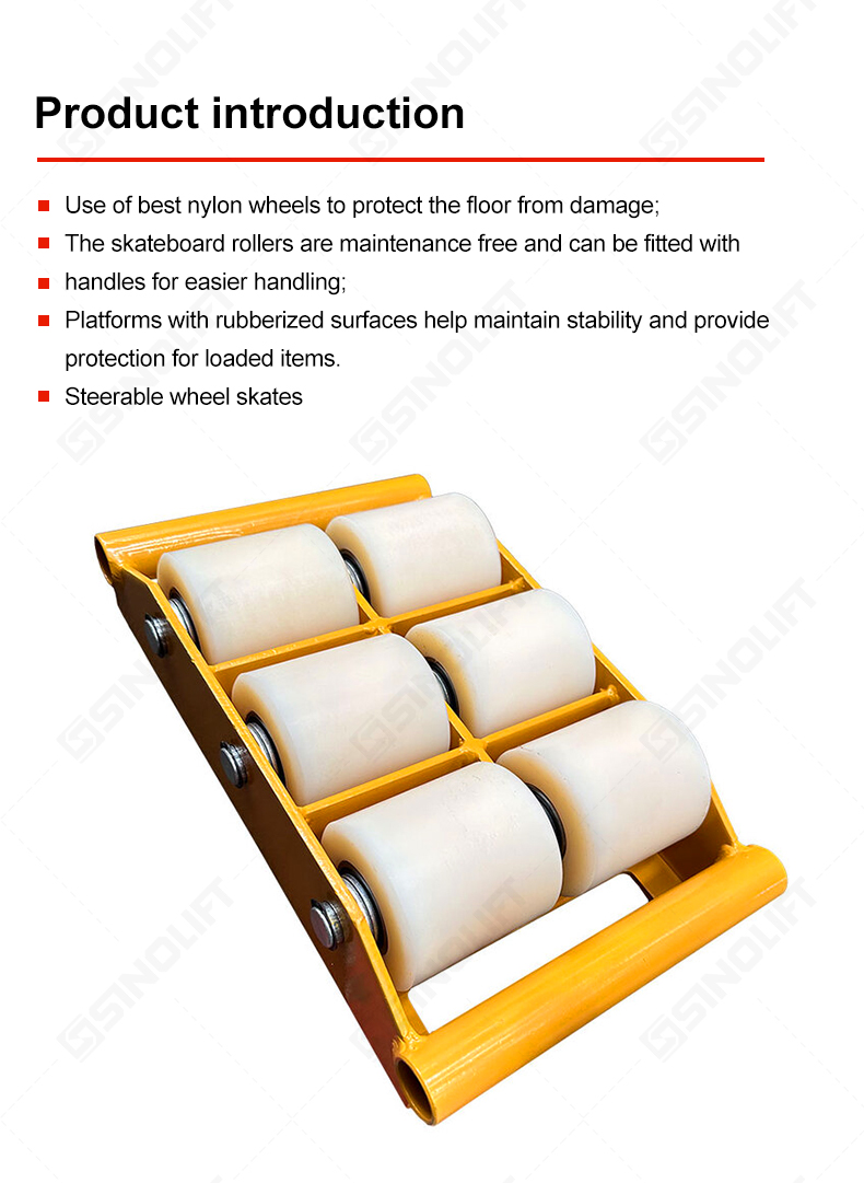 Machinery moving equipment with non-marking nylon wheels to prevent damage to workshop floors.