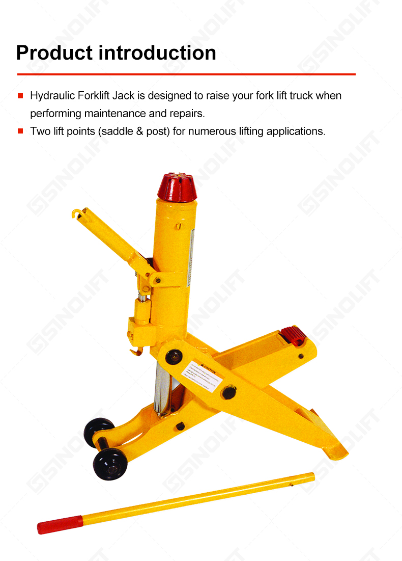 Hydraulic service jack designed for forklifts—includes safety valve and two lifting options.