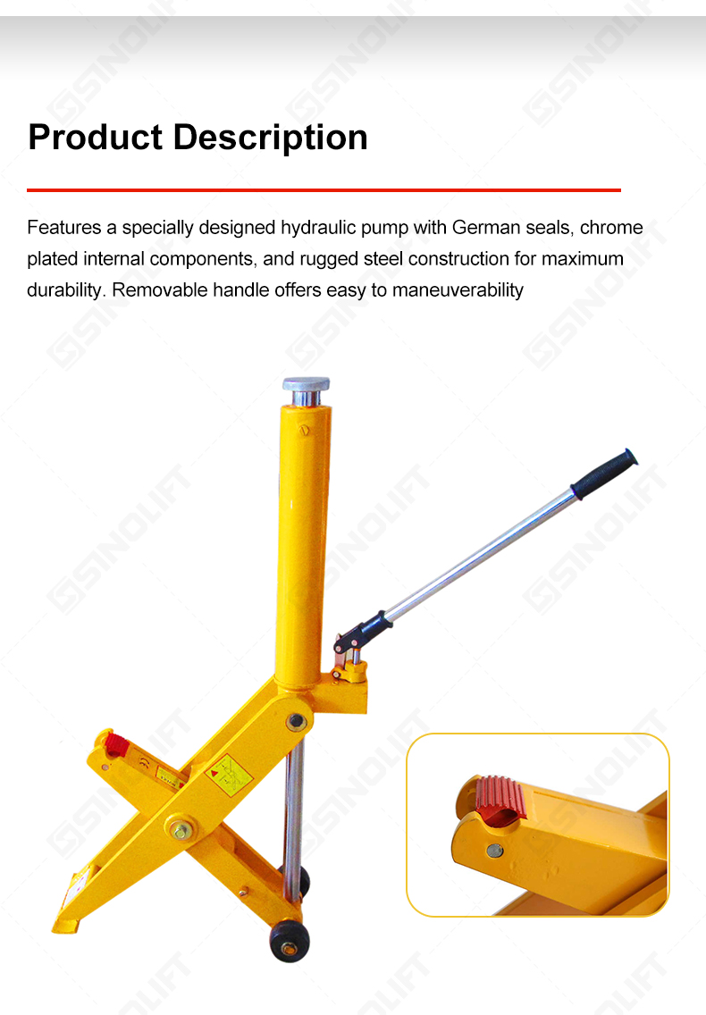Reliable forklift jack with chrome internal components and easy-to-maneuver removable handle.