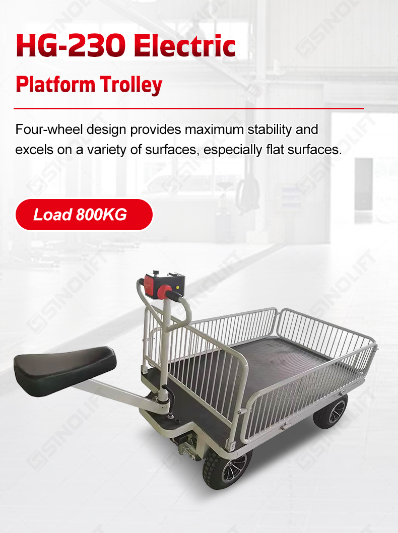 Maneuver heavy pallets and baggage with ease. The HG-230 industrial trolley offers powered traction and a rotating tiller head for optimal control in tight spaces.