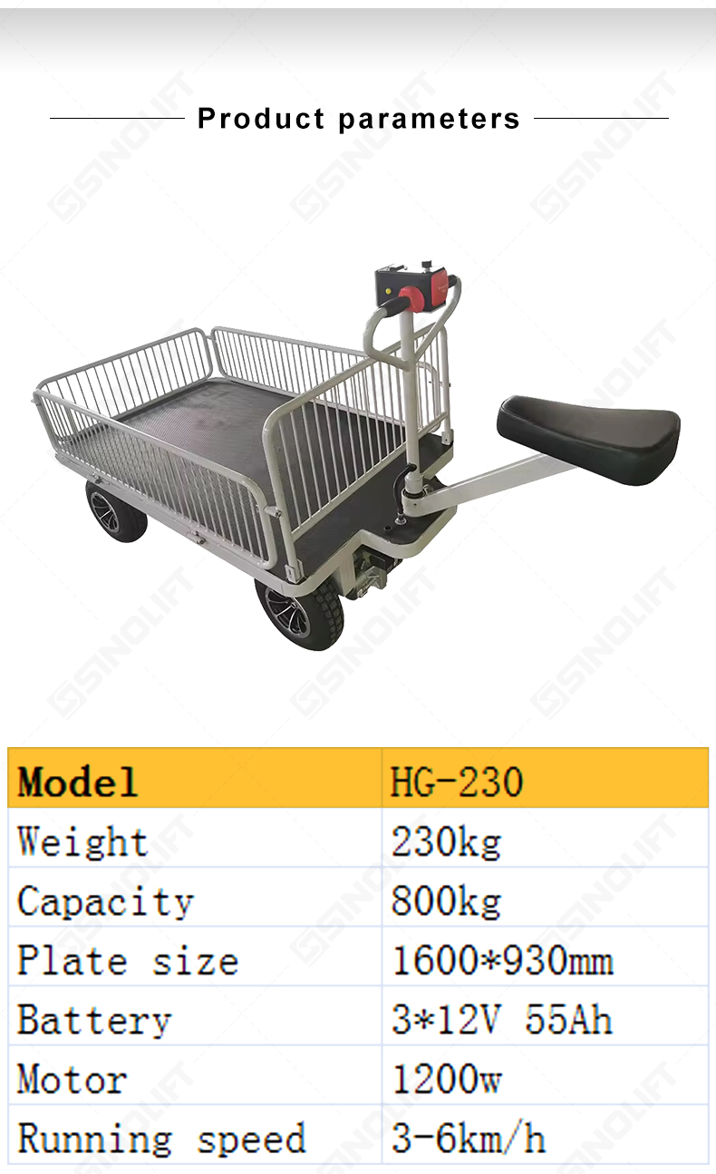 The HG-230 electric tow trolley provides a powered solution for moving goods on pallets across large facilities like stations and warehouses efficiently.