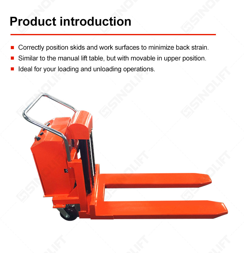 Operator using the control lever of an EQSD100 electric pallet lifter to position a skid safely, reducing back strain.
