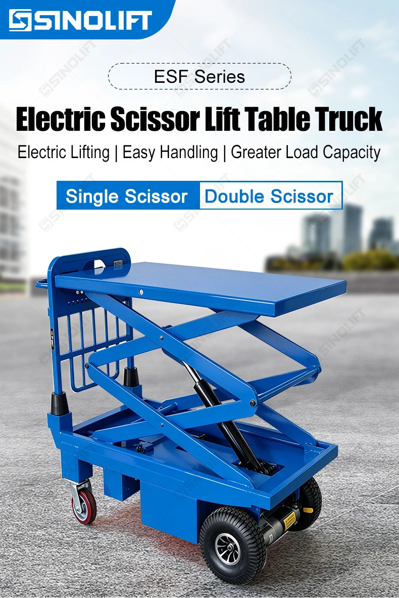 The SINOLIFT ESF Series Electric Scissor Lift Table Truck combines electric hydraulic lifting with a mobile platform for everyday material handling