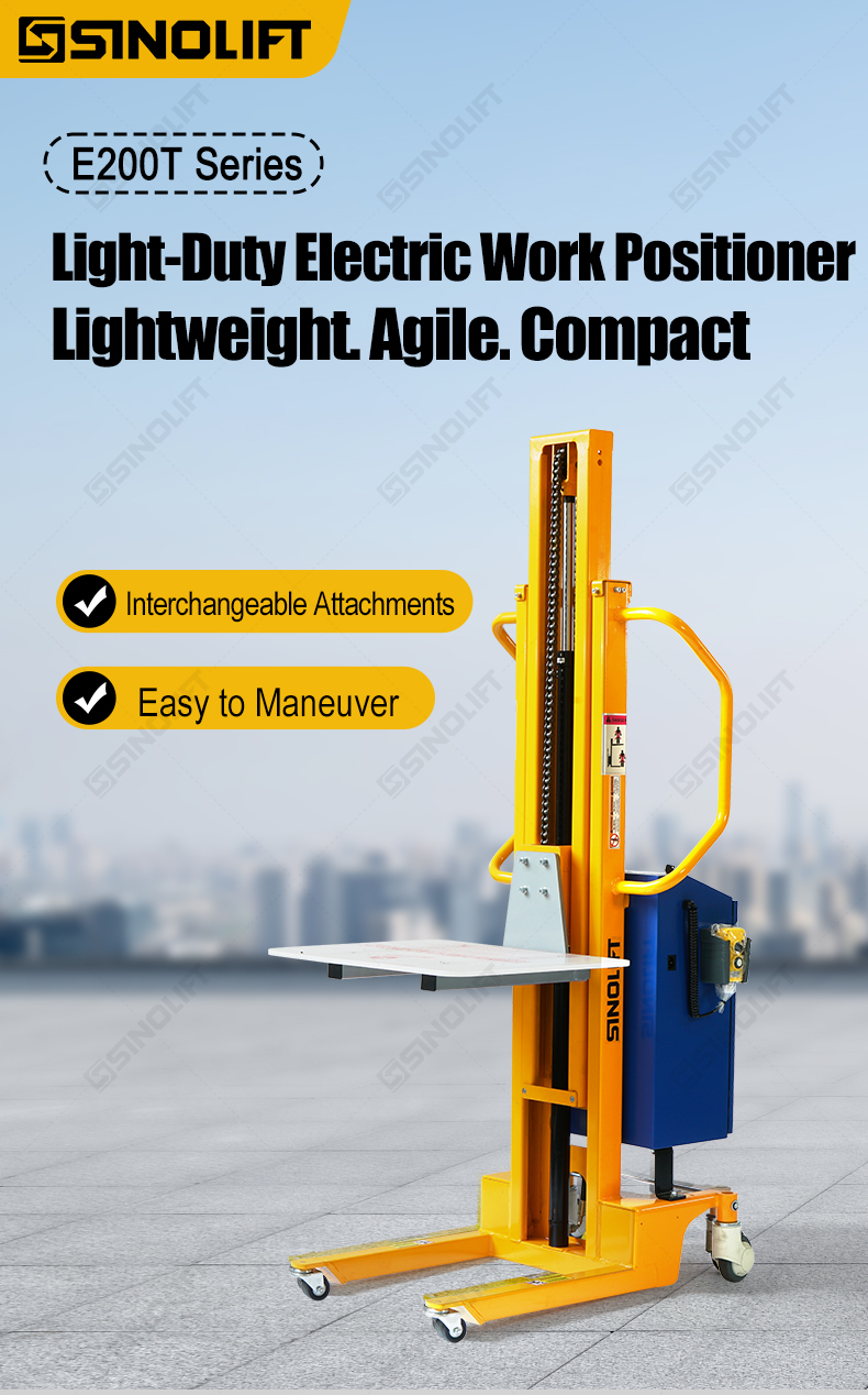 Discover the SINOLIFT E200T light-duty electric work positioner with interchangeable attachments for flexible material lifting and positioning.