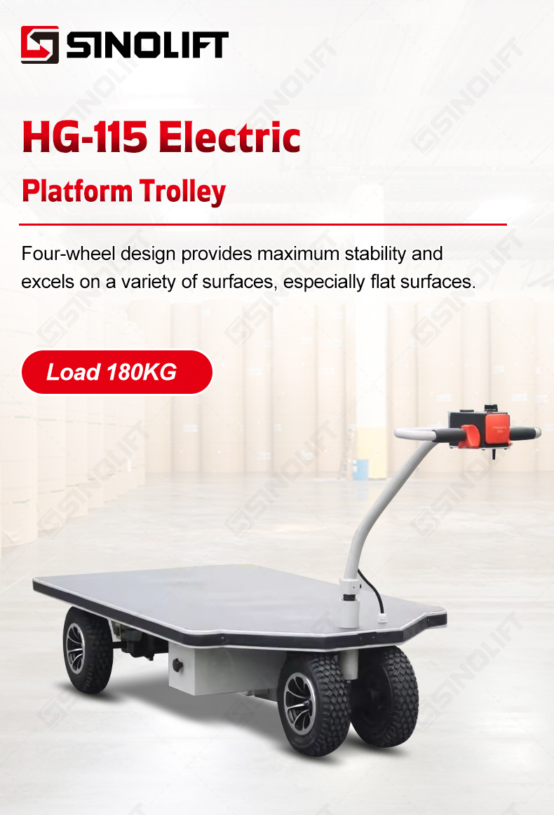 DC powered platform cart for stock picking and goods transport on flat surfaces.