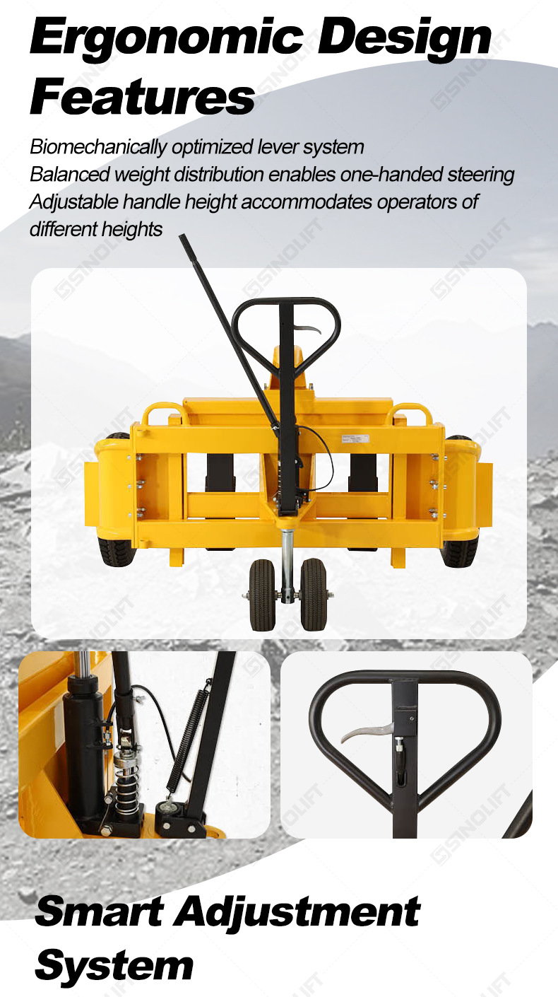 Heavy load pallet truck with 155mm low-pressure tires for uneven surfaces