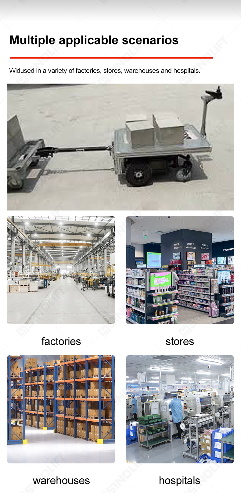 HG-115 heavy-duty electric platform trolley transporting boxes in a warehouse aisle.