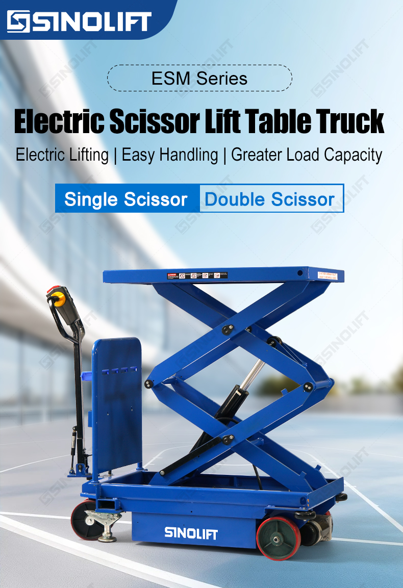 SINOLIFT manufactures ESM electric scissor lift tables with powered travel and smooth hydraulic lifting for warehouse and workshop material handling.