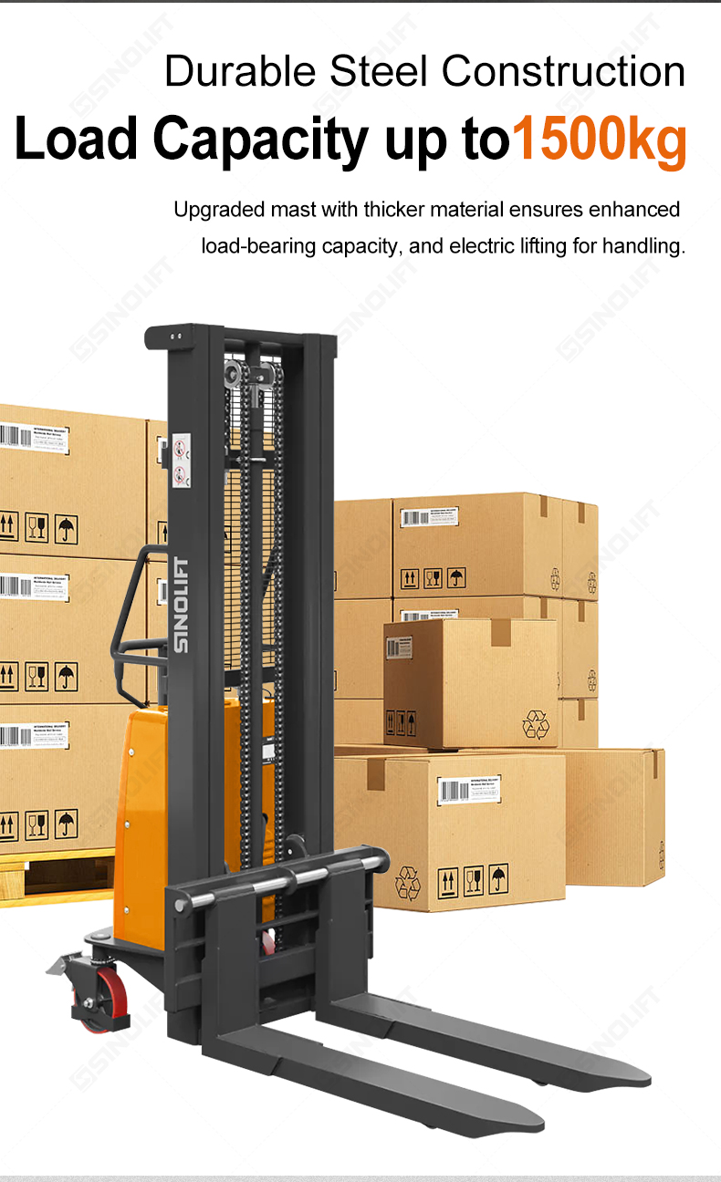 SPN15 narrow-leg stacker – 1.6KW lifting motor for efficient low-frequency stacking operations