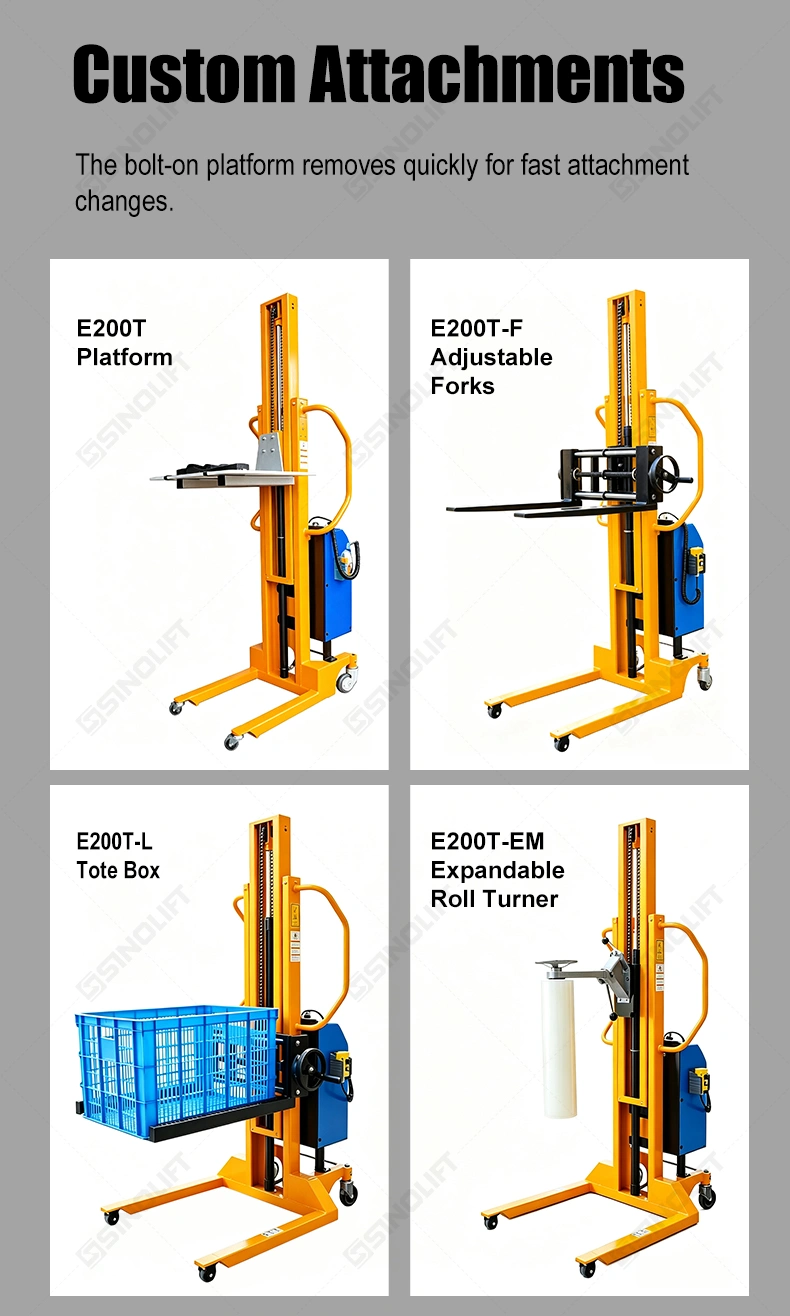 Discover the SINOLIFT E200T light-duty electric work positioner with interchangeable attachments for flexible material lifting and positioning.