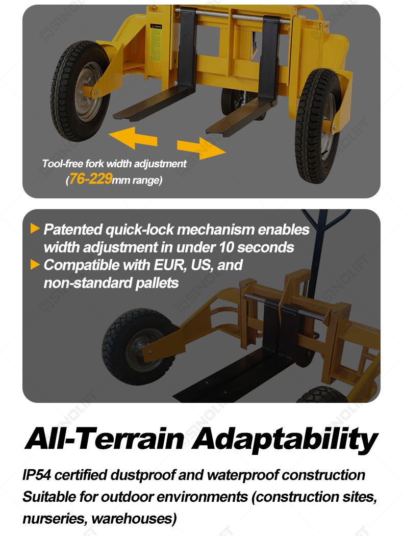 Ergonomic manual pallet jack with quick-adjust forks (76-229mm range)