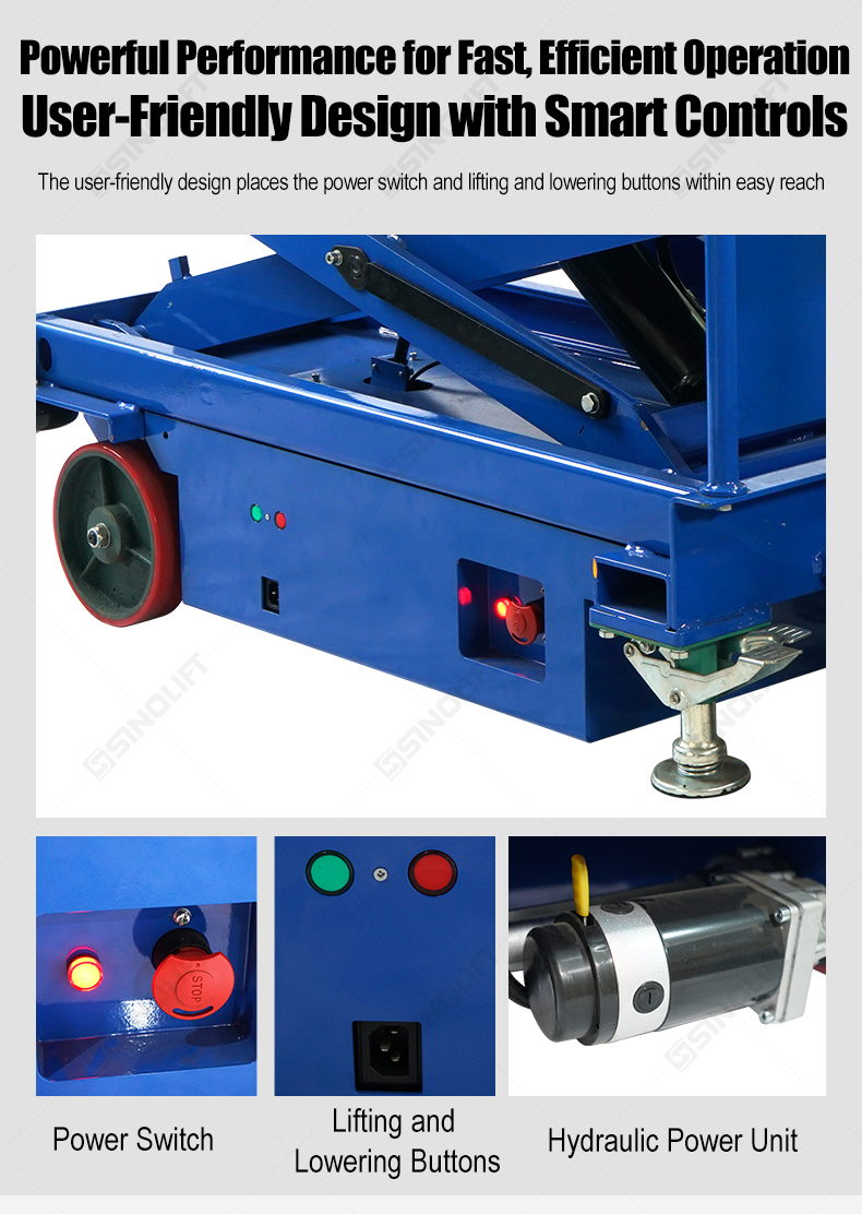SINOLIFT manufactures ESM electric scissor lift tables with powered travel and smooth hydraulic lifting for warehouse and workshop material handling.