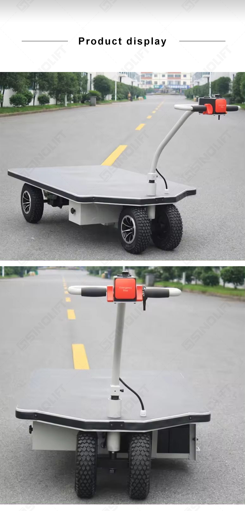 Four-wheel stable DC platform trolley loaded with packages on a flat concrete floor.