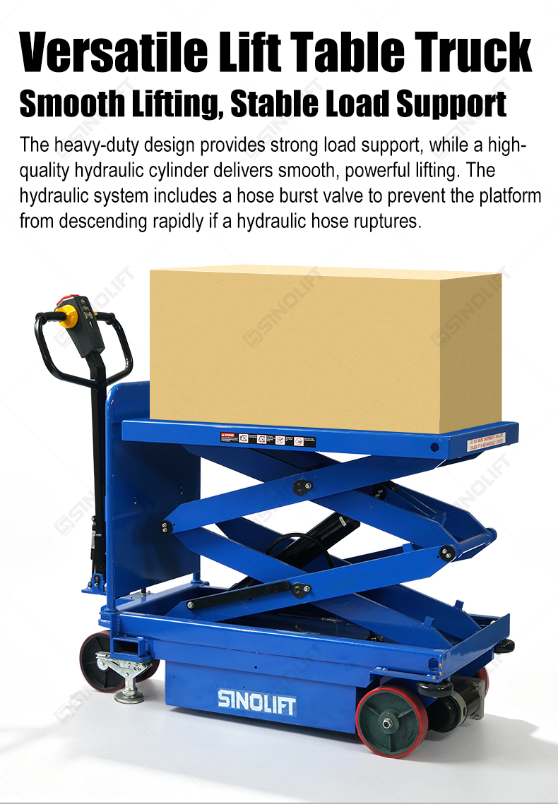 SINOLIFT manufactures ESM electric scissor lift tables with powered travel and smooth hydraulic lifting for warehouse and workshop material handling.