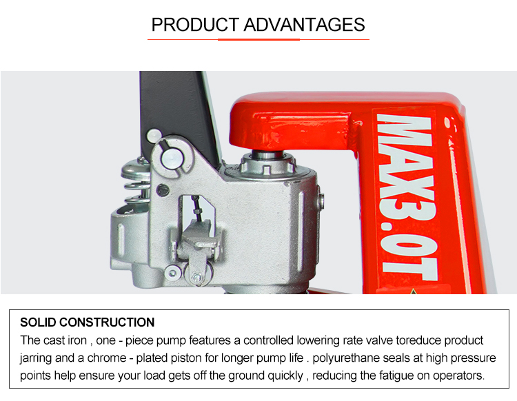 Industrial grade hand pallet truck with self-lubricating wheels and leak-proof hydraulic pump