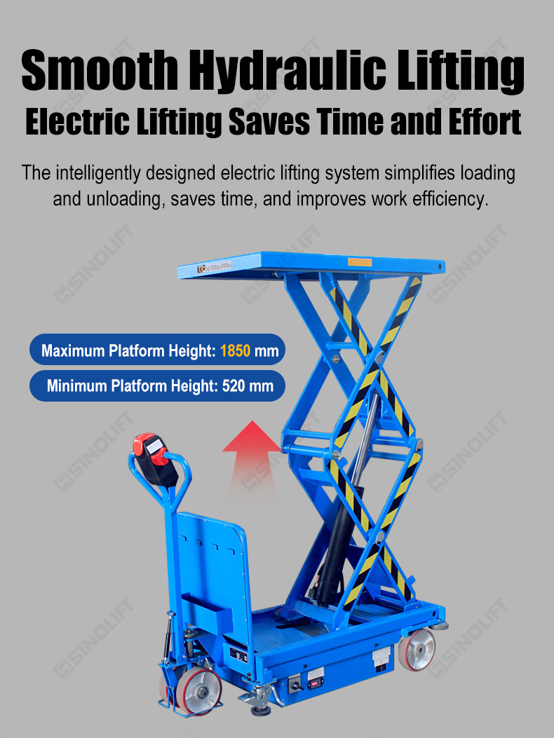 SINOLIFT manufactures ESZ electric scissor lift tables with powered travel and hydraulic lifting. Explore 500 kg and 800 kg models for warehouses and workshops.