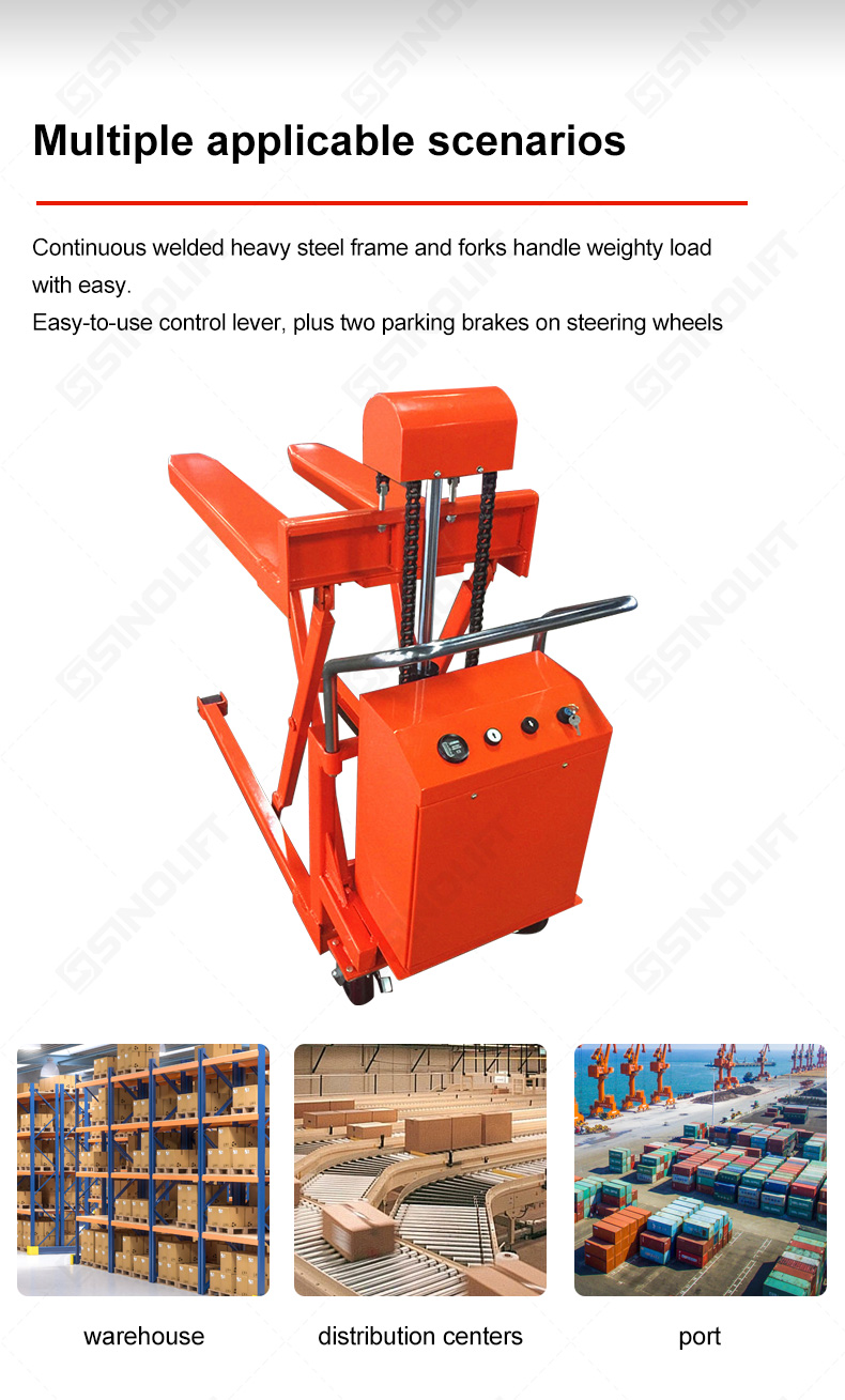 Industrial electric skid lifter with a welded steel frame and forks, handling weighty loads with easy maneuverability.