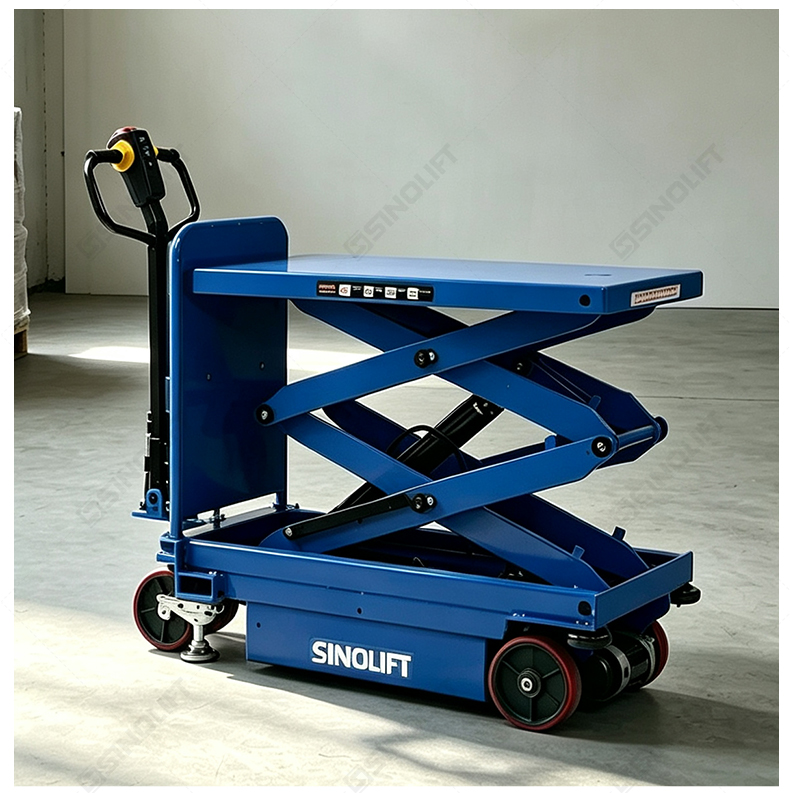 SINOLIFT manufactures ESM electric scissor lift tables with powered travel and smooth hydraulic lifting for warehouse and workshop material handling.