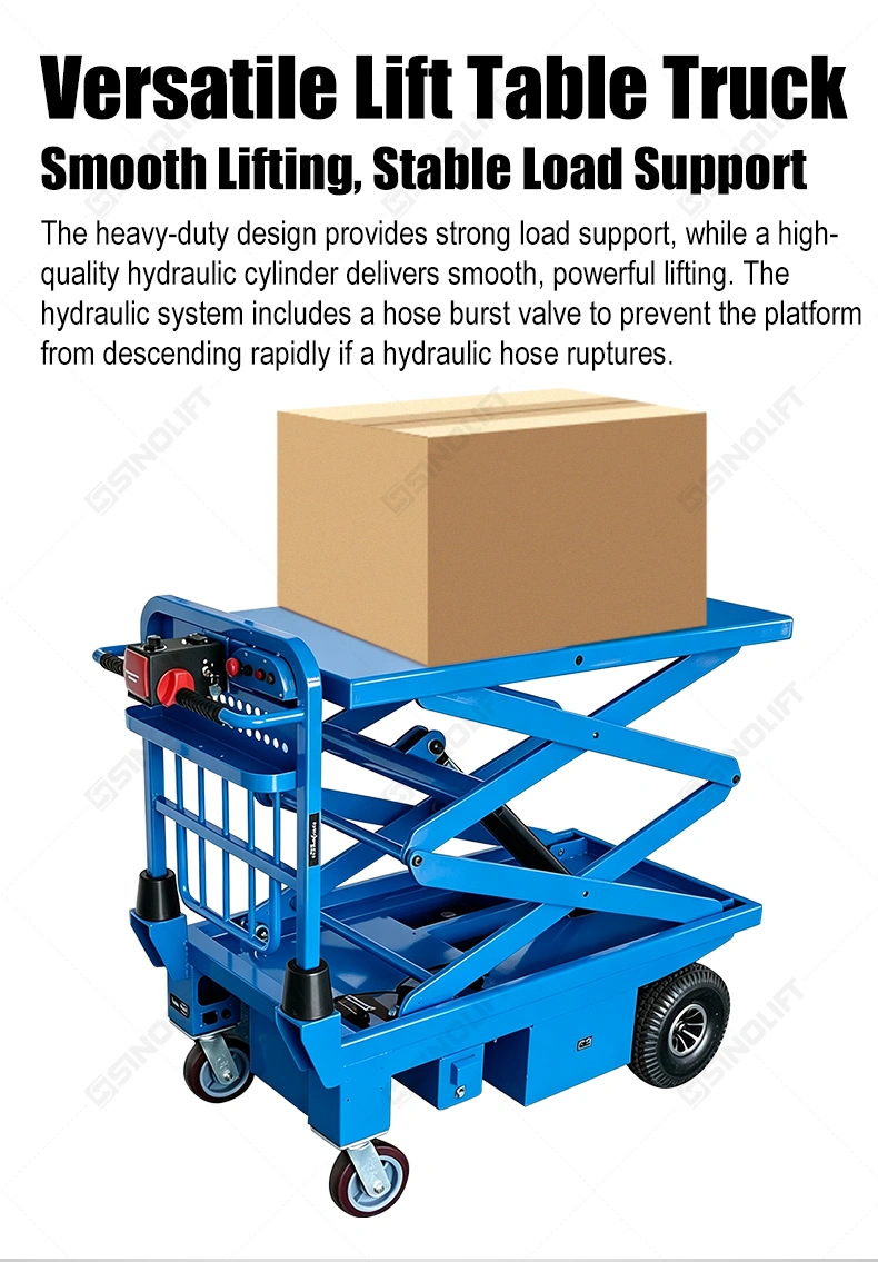 The SINOLIFT ESF Series Electric Scissor Lift Table Truck combines electric hydraulic lifting with a mobile platform for everyday material handling