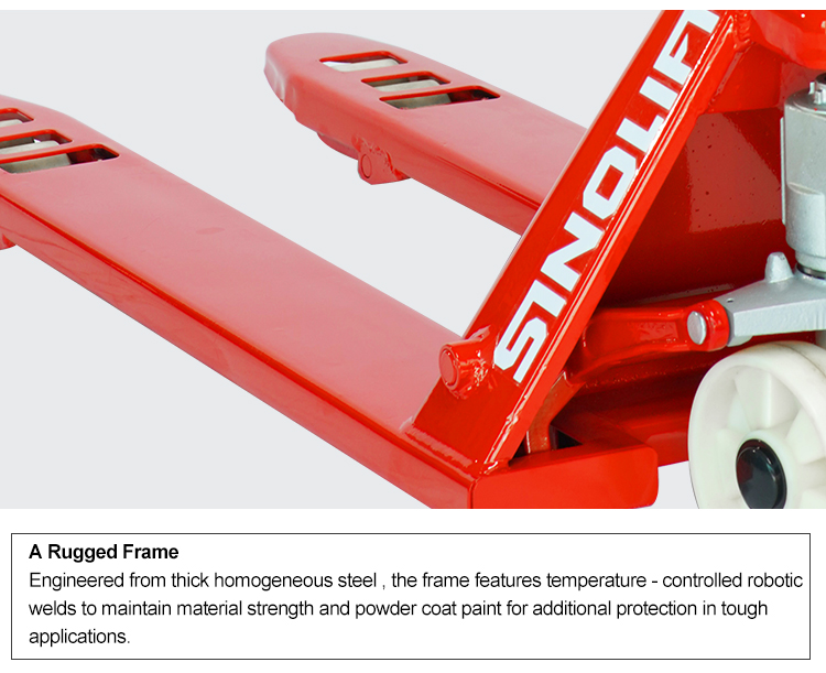 NF series manual pallet jack featuring ductile iron wheel frame and smooth-lowering control
