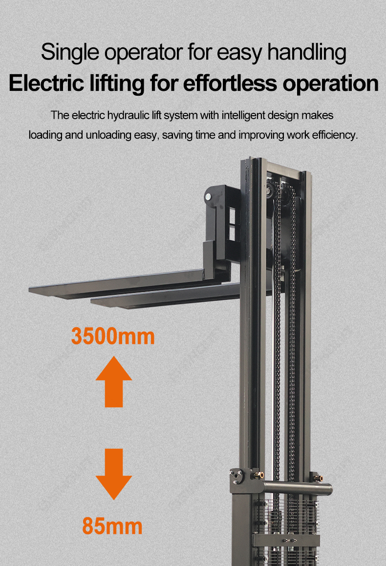 SPN15 stacker with adjustable forks (330-640mm) – 85mm low entry height for easy loading