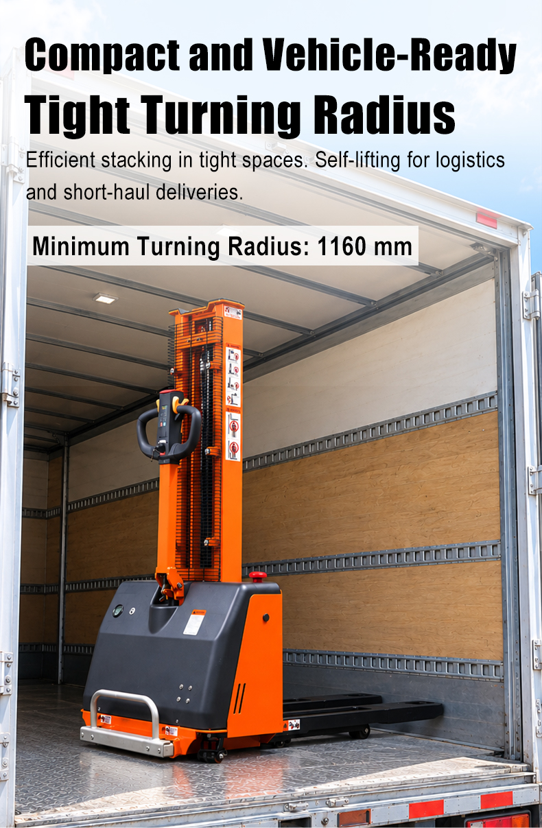SINOLIFT CDDYG-Z fully electric self-loading pallet stacker for compatible trucks, with up to 1,000 kg capacity and a 24 V / 40 Ah lithium battery.