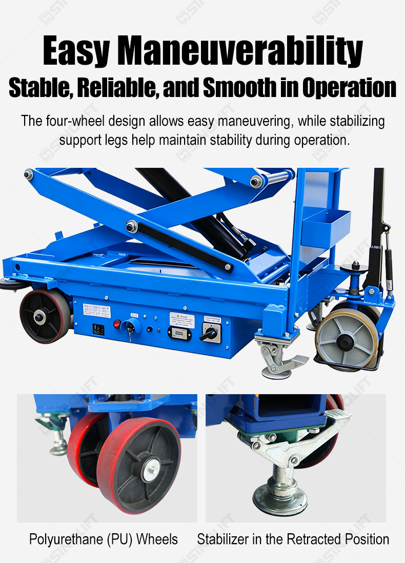 SINOLIFT manufactures ESZ electric scissor lift tables with powered travel and hydraulic lifting. Explore 500 kg and 800 kg models for warehouses and workshops.