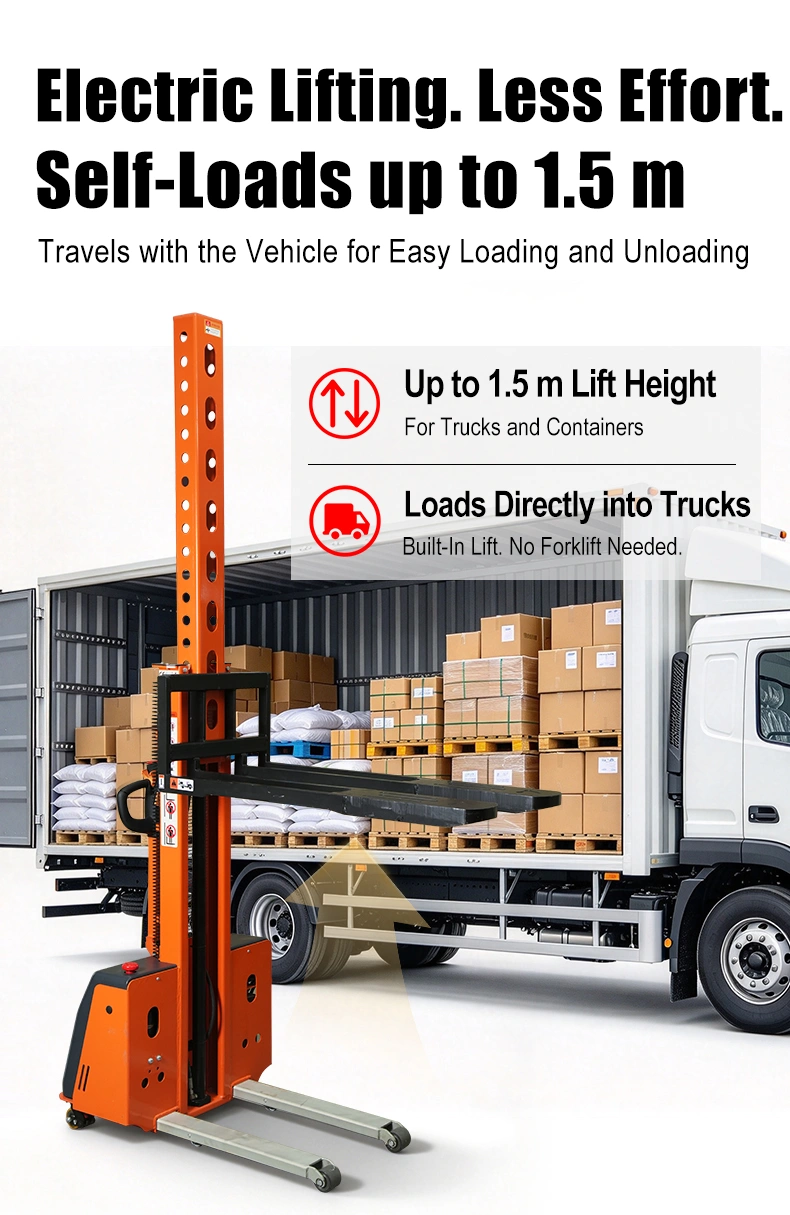SINOLIFT CDDYG-Z fully electric self-loading pallet stacker for compatible trucks, with up to 1,000 kg capacity and a 24 V / 40 Ah lithium battery.