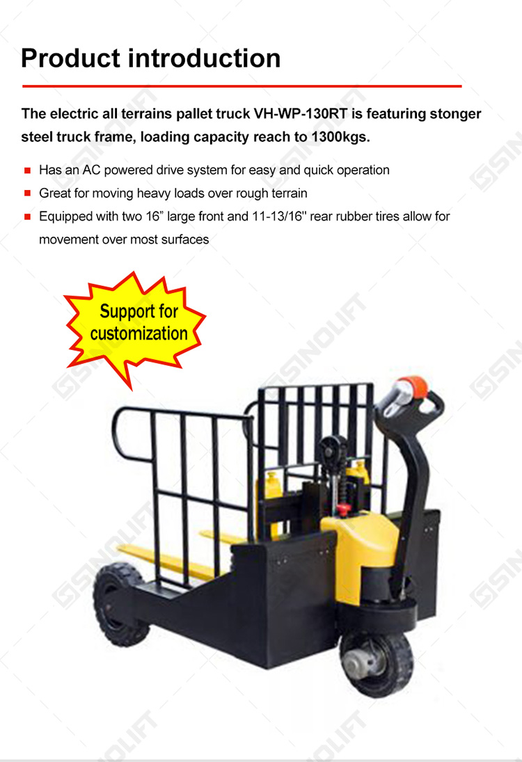 Heavy-duty electric pallet truck with 1200W motor and solid rubber wheels for all-terrain transport