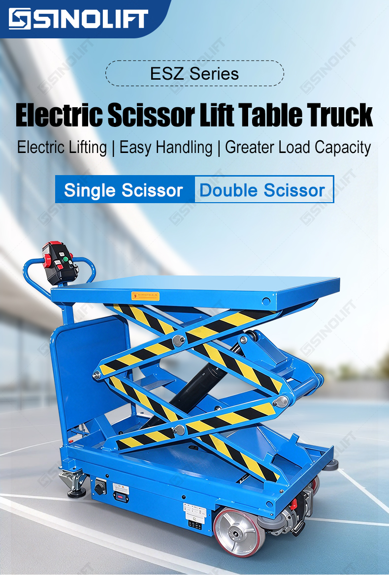 SINOLIFT manufactures ESZ electric scissor lift tables with powered travel and hydraulic lifting. Explore 500 kg and 800 kg models for warehouses and workshops.