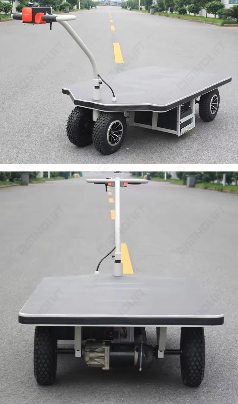 Powder-coated steel electric material handling trolley for hospital and hotel use.