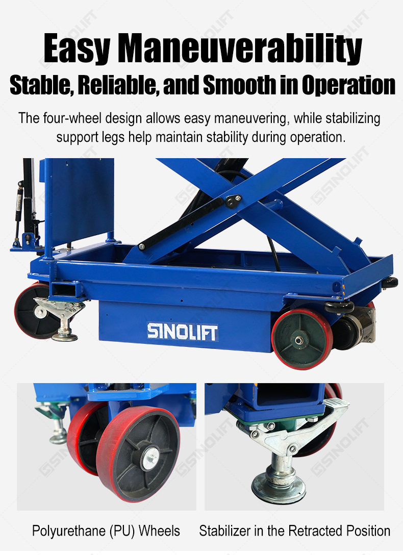 SINOLIFT manufactures ESM electric scissor lift tables with powered travel and smooth hydraulic lifting for warehouse and workshop material handling.