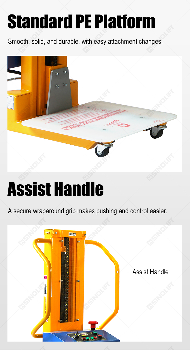 Discover the SINOLIFT E200T light-duty electric work positioner with interchangeable attachments for flexible material lifting and positioning.
