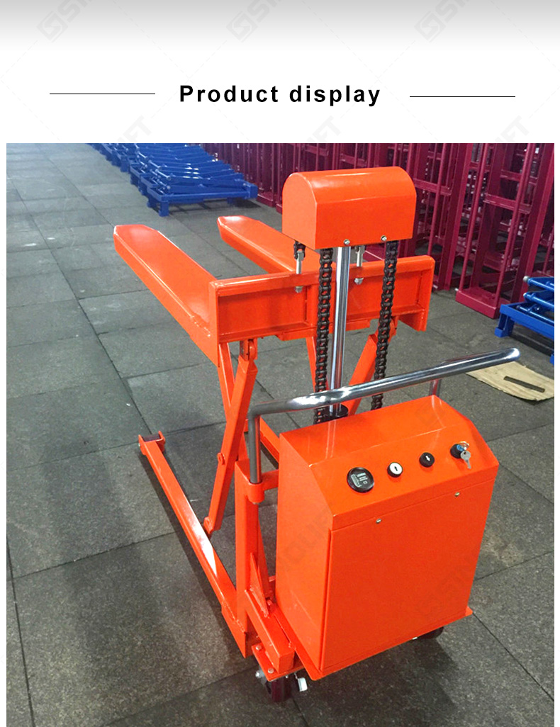 EQSD100 electric pallet jack positioned in a workshop, ideal for repetitive material handling and transport.
