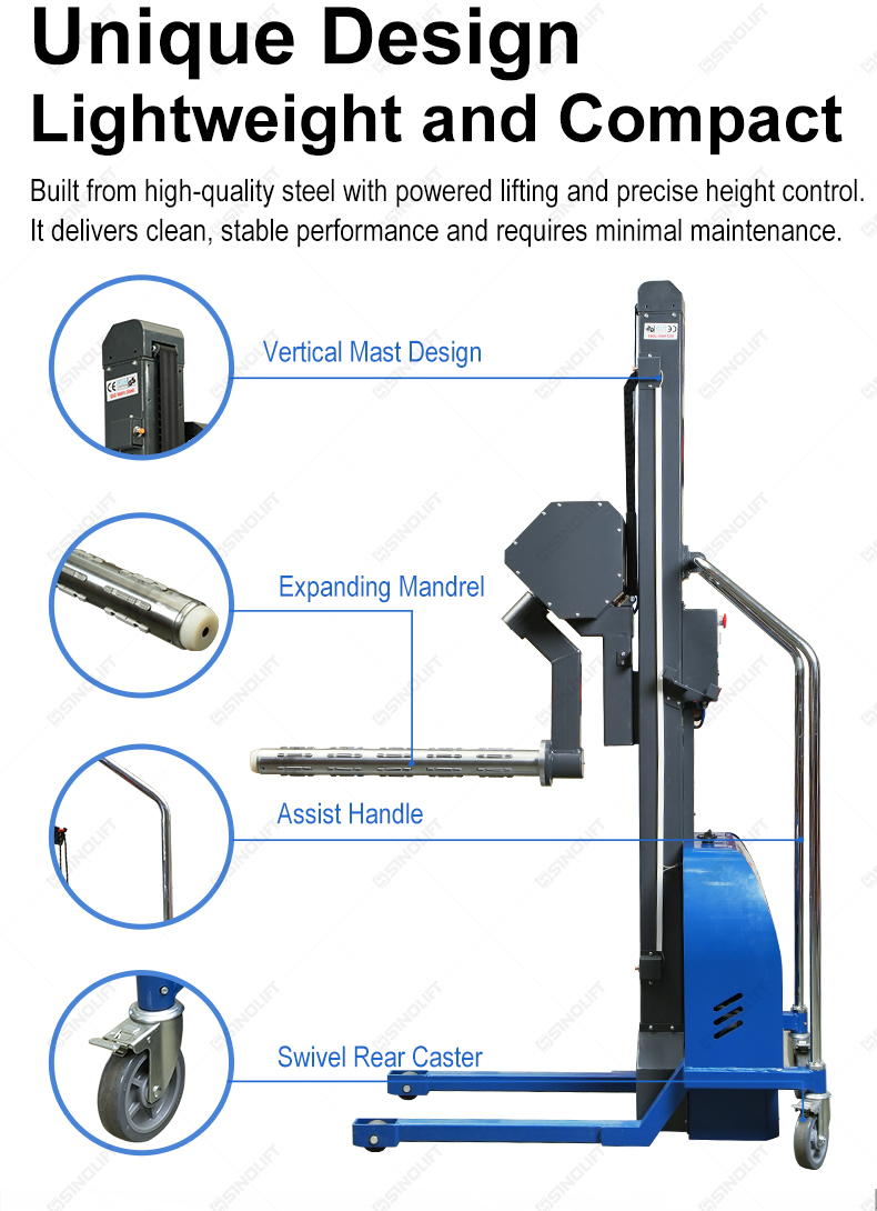 SINOLIFT Roll Lifter, Roll Lifter with Expanding Mandrel, Expanding Mandrel Roll Lifter, Roll Handling Equipment, Reel Lifting Equipment, Roll Handling Trolley, Reel Handling Trolley, Film Roll Lifter, Paper Roll Lifter