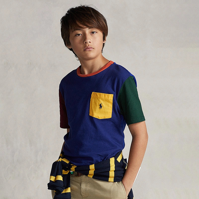 Custom Boy's Color Block Cotton T-shirt with a Pocket