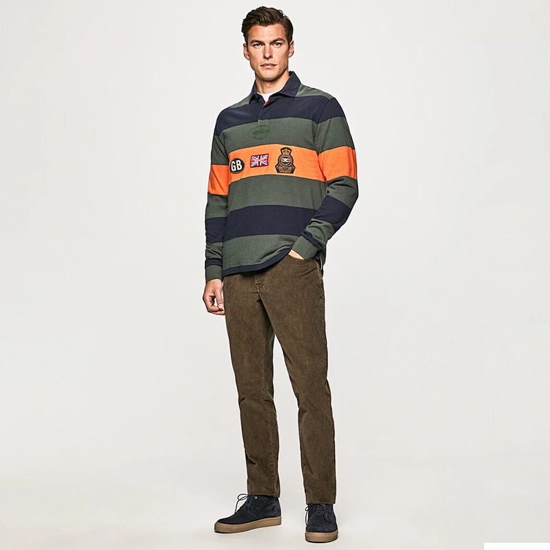 Custom Men's Long Sleeve Embroidered Graphic Striped Polo Shirt