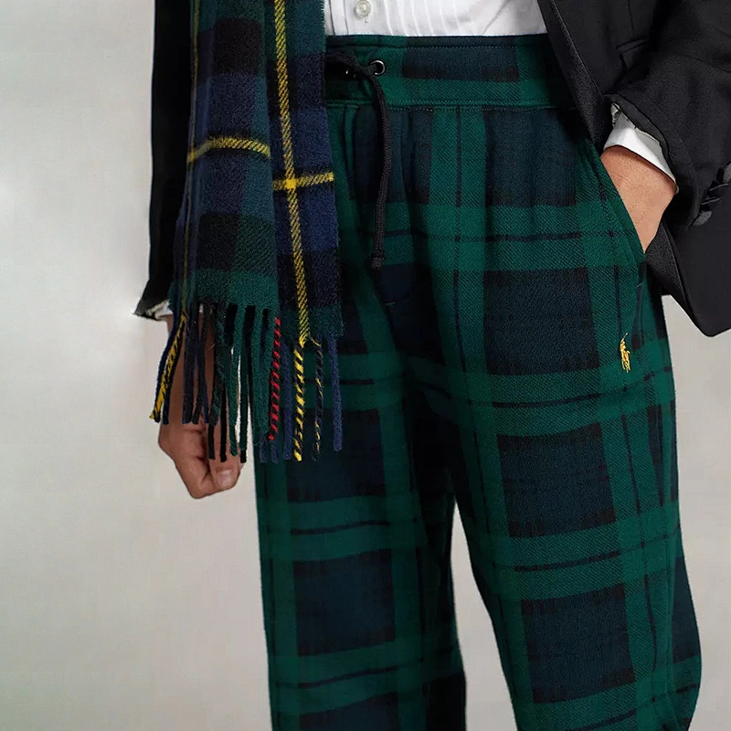 Custom Boy's Plaid Fleece Close Bottom Green Sweatpants