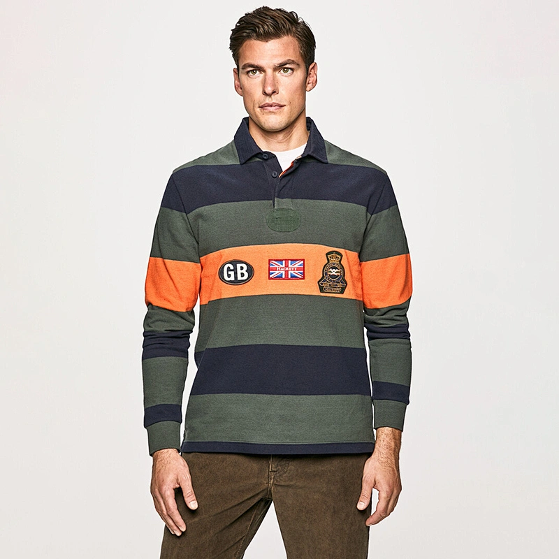 Custom Men's Long Sleeve Embroidered Graphic Striped Polo Shirt