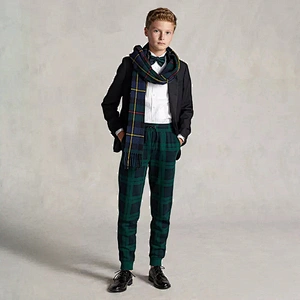 Custom Boy's Plaid Fleece Close Bottom Green Sweatpants