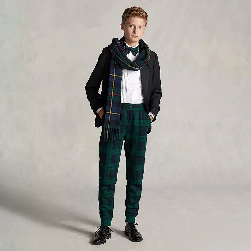 Custom Boy's Plaid Fleece Close Bottom Green Sweatpants