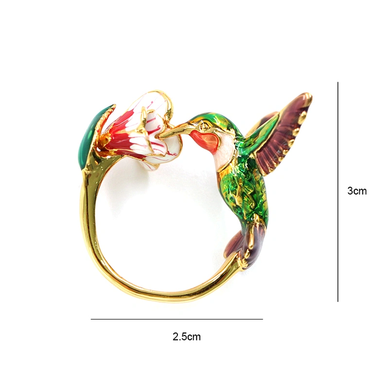 Enamel Bird Bite Flower Gold Plated Brass Ring