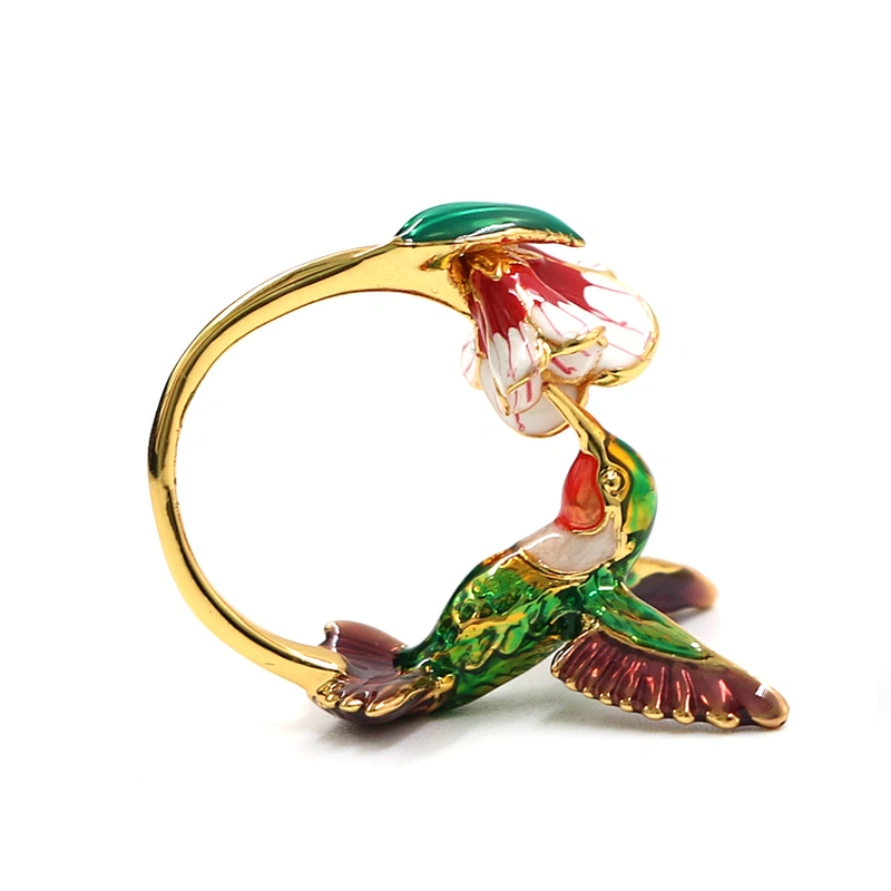 Enamel Bird Bite Flower Gold Plated Brass Ring