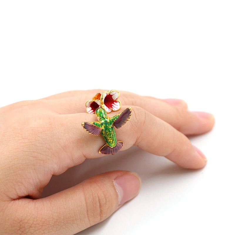 Enamel Bird Bite Flower Gold Plated Brass Ring