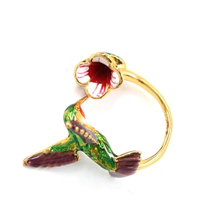 Enamel Bird Bite Flower Gold Plated Brass Ring