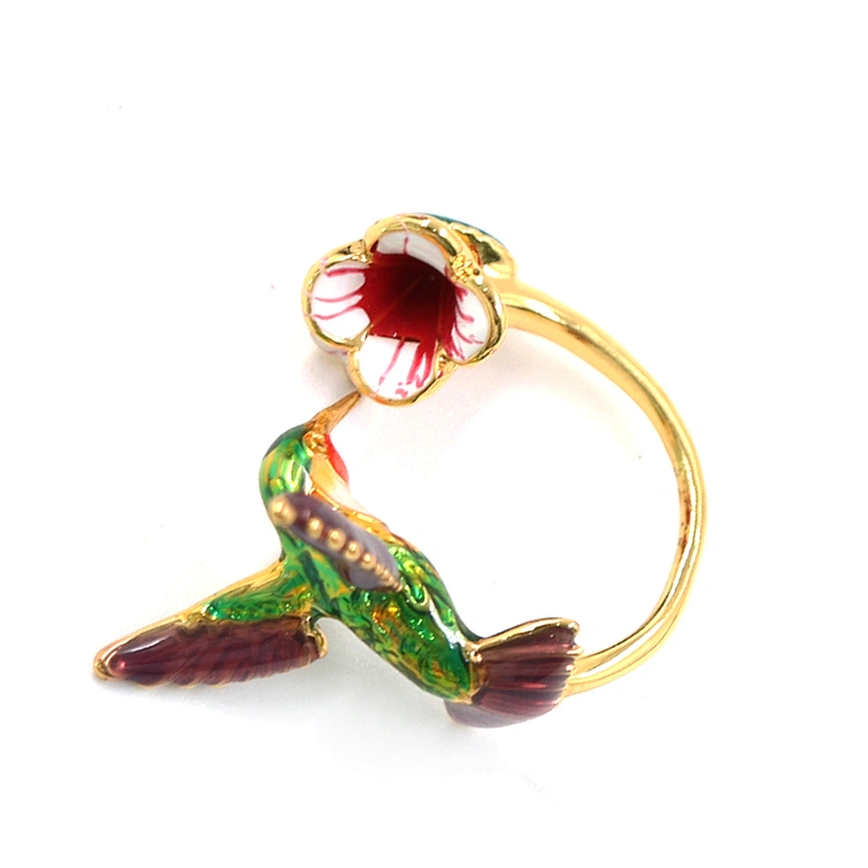 Enamel Bird Bite Flower Gold Plated Brass Ring