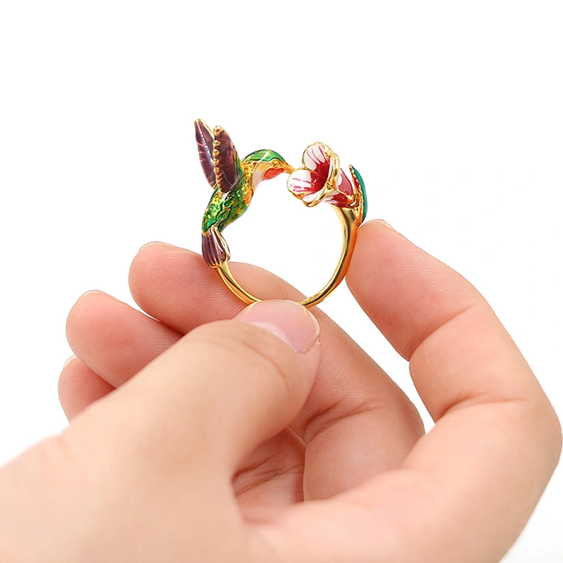 Enamel Bird Bite Flower Gold Plated Brass Ring