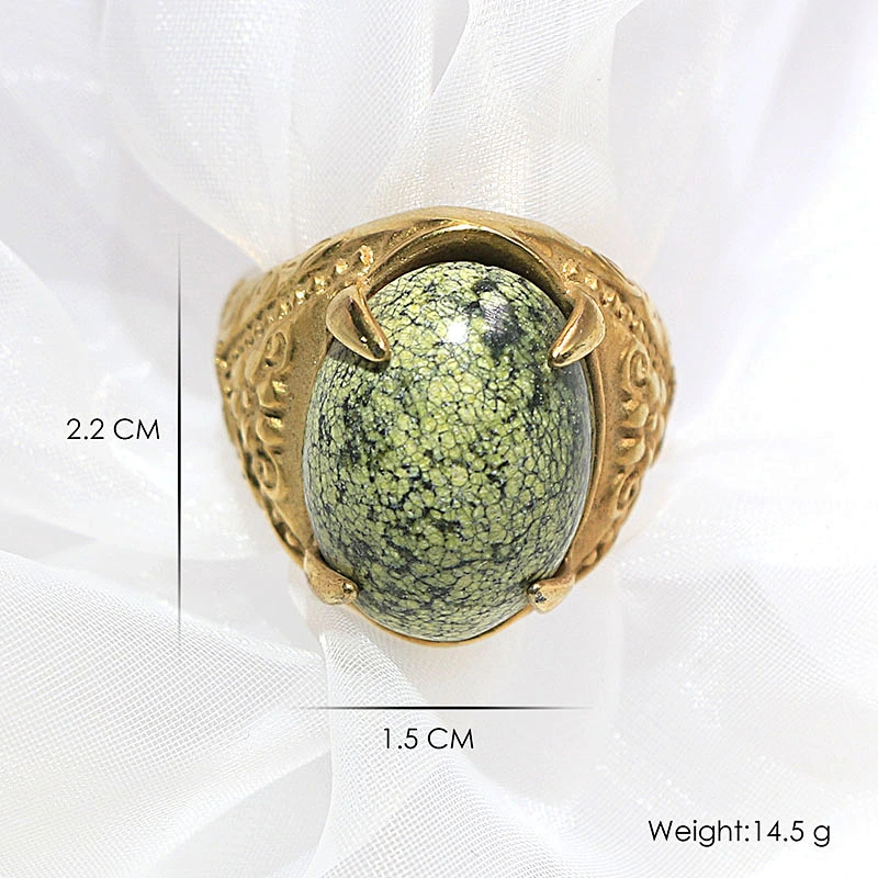 Vintage Style Natural Semi stone Chunky Statement Stainless Steel 18k Gold Plating Ring