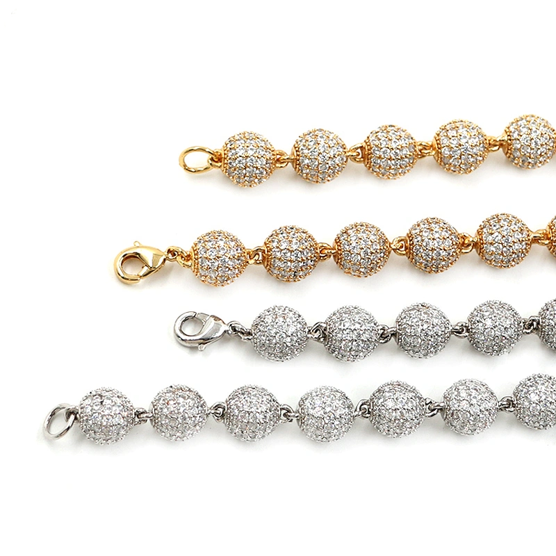 Hip-Hop Style High-Quality CZ Brass 10mm Real Gold Plated Bead Necklace